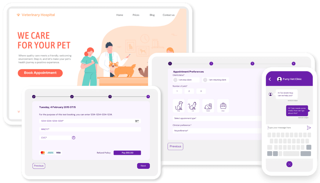 Vetstoria online booking, websites, chat and payments